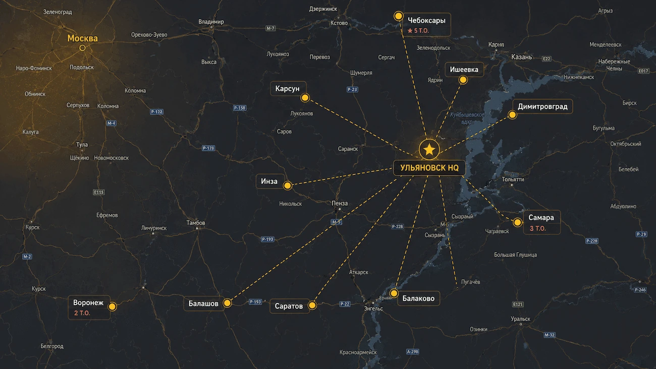 Карта сети Суши Бокс: Ульяновск, Москва, Чебоксары, Самара, Саратов и другие города